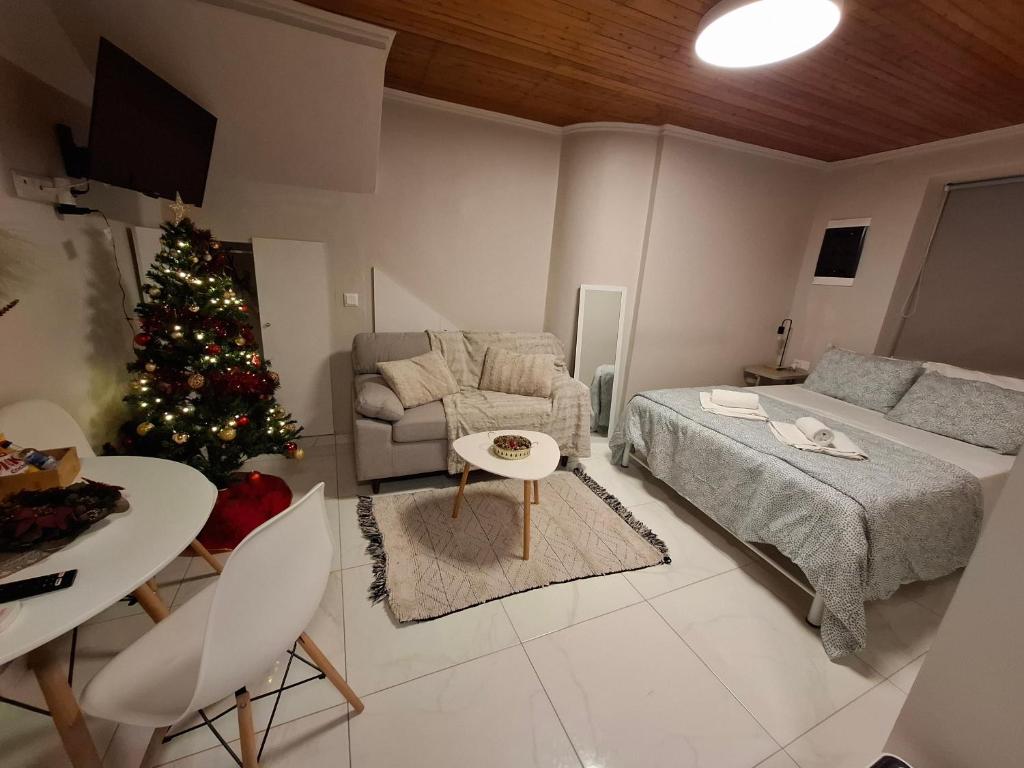 Full apartment view with double bed, sofa and seasonal decoration